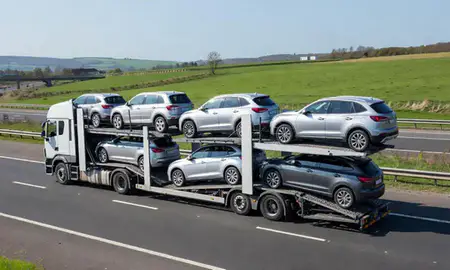 Multi-level car carrier on the motorway to Chester-le-Street, County Durham, United Kingdom