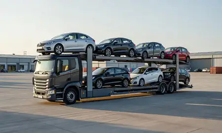 Car transporter loaded with vehicles in Chester-le-Street, County Durham, United Kingdom