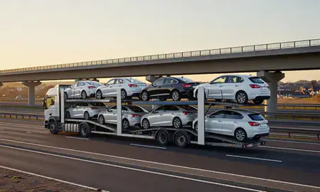 Car transporter with the Chester-le-Street, County Durham, United Kingdom skyline behind it