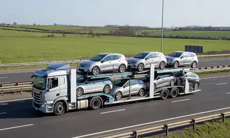 Multi-level car carrier on the motorway to Darlington, County Durham, United Kingdom
