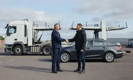 Vehicle owner beside their delivered car in Darlington, County Durham, United Kingdom