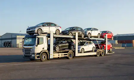 Car transporter loaded with vehicles in Darlington, County Durham, United Kingdom