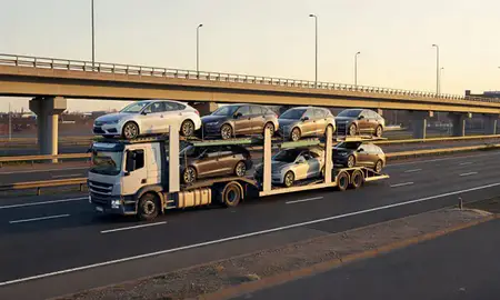 Car transporter with the Darlington, County Durham, United Kingdom skyline behind it