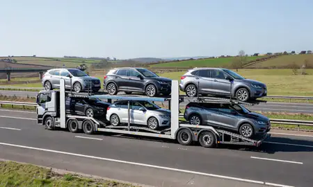 Multi-level car carrier on the motorway to Durham, County Durham, United Kingdom