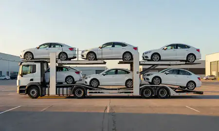Car transporter parked in an industrial area of Durham, County Durham, United Kingdom