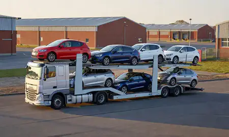 Car transporter loaded with vehicles in Durham, County Durham, United Kingdom