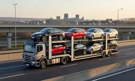 Car transporter with the Durham, County Durham, United Kingdom skyline behind it