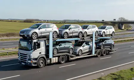 Multi-level car carrier on the motorway to Hartlepool, County Durham, United Kingdom
