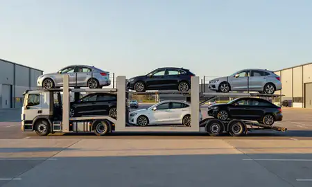 Car transporter parked in an industrial area of Hartlepool, County Durham, United Kingdom