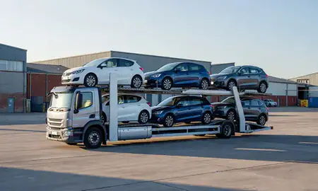 Car transporter loaded with vehicles in Hartlepool, County Durham, United Kingdom