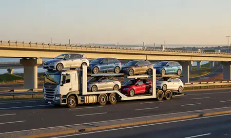 Car transporter with the Hartlepool, County Durham, United Kingdom skyline behind it