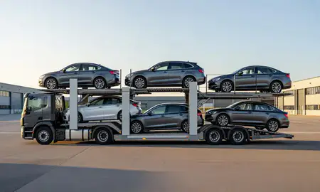 Car transporter parked in an industrial area of Stockton-on-Tees, County Durham, United Kingdom