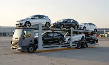 Car transporter loaded with vehicles in Stockton-on-Tees, County Durham, United Kingdom