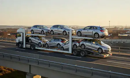 Car transporter with the Stockton-on-Tees, County Durham, United Kingdom skyline behind it