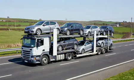 Multi-level car carrier on the motorway to County Londonderry, United Kingdom