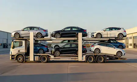 Car transporter parked in an industrial area of County Londonderry, United Kingdom