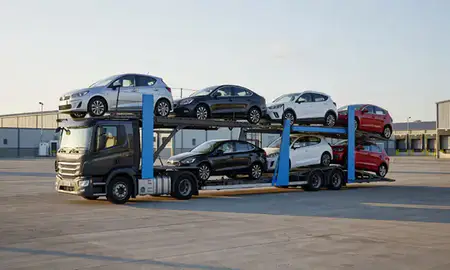 Car transporter loaded with vehicles in County Londonderry, United Kingdom