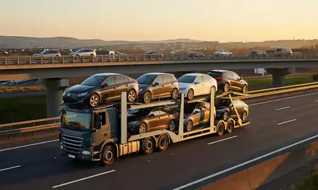 Car transporter with the County Londonderry, United Kingdom skyline behind it