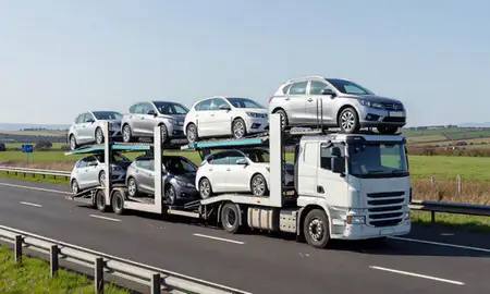 Multi-level car carrier on the motorway to Derry/Londonderry, County Londonderry, United Kingdom