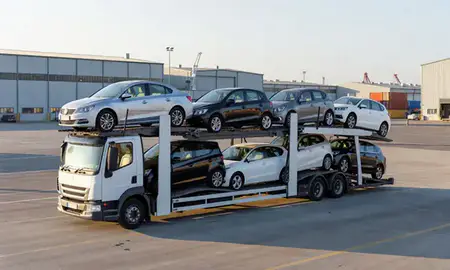 Car transporter loaded with vehicles in Derry/Londonderry, County Londonderry, United Kingdom