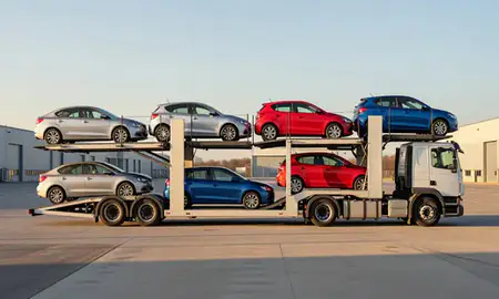 Car transporter parked in an industrial area of Cumbria, United Kingdom