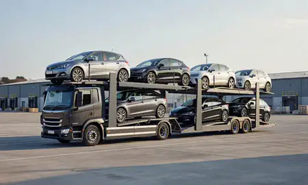 Car transporter loaded with vehicles in Cumbria, United Kingdom