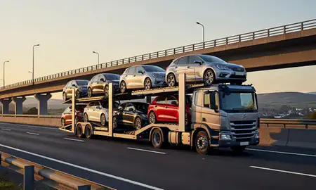 Car transporter with the Cumbria, United Kingdom skyline behind it