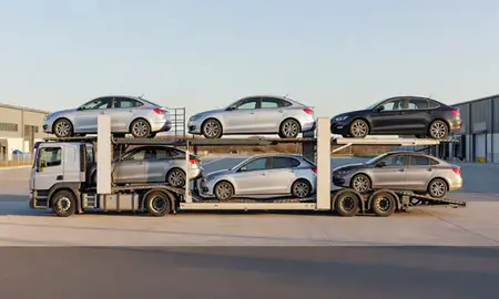 Car transporter parked in an industrial area of Barrow-in-Furness, Cumbria, United Kingdom