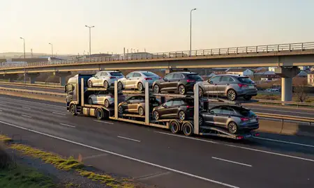 Car transporter with the Barrow-in-Furness, Cumbria, United Kingdom skyline behind it