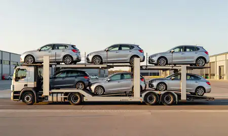 Car transporter parked in an industrial area of Carlisle, Cumbria, United Kingdom