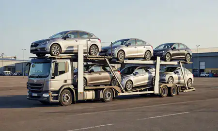 Car transporter loaded with vehicles in Carlisle, Cumbria, United Kingdom