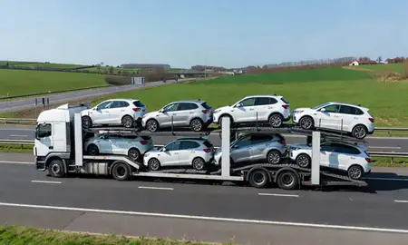Multi-level car carrier on the motorway to Derbyshire, United Kingdom