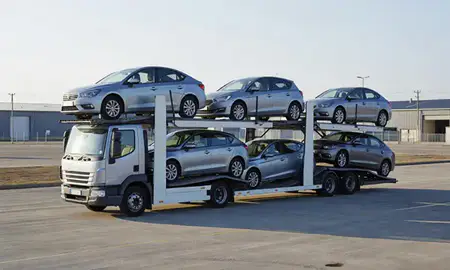 Car transporter loaded with vehicles in Derbyshire, United Kingdom