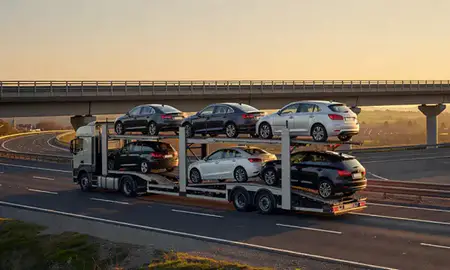 Car transporter with the Derbyshire, United Kingdom skyline behind it