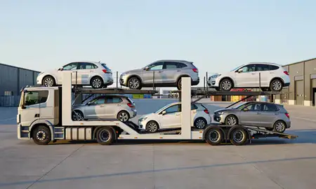 Car transporter parked in an industrial area of Chesterfield, Derbyshire, United Kingdom