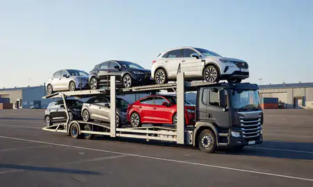 Car transporter loaded with vehicles in Chesterfield, Derbyshire, United Kingdom