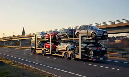 Car transporter with the Chesterfield, Derbyshire, United Kingdom skyline behind it