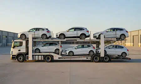 Car transporter parked in an industrial area of Derby, Derbyshire, United Kingdom