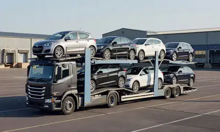 Car transporter loaded with vehicles in Derby, Derbyshire, United Kingdom