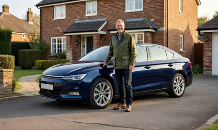 Customer with their delivered car in Ilkeston, Derbyshire, United Kingdom
