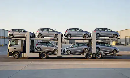 Car transporter parked in an industrial area of Ilkeston, Derbyshire, United Kingdom