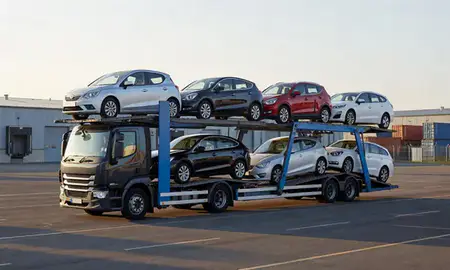 Car transporter loaded with vehicles in Ilkeston, Derbyshire, United Kingdom