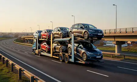 Car transporter with the Ilkeston, Derbyshire, United Kingdom skyline behind it