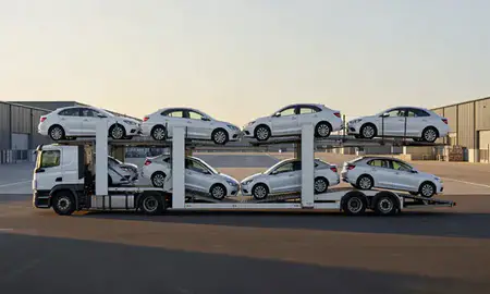 Car transporter parked in an industrial area of Long Eaton, Derbyshire, United Kingdom
