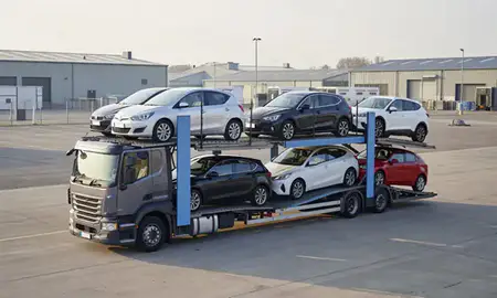 Car transporter loaded with vehicles in Long Eaton, Derbyshire, United Kingdom