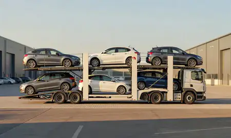 Car transporter parked in an industrial area of Swadlincote, Derbyshire, United Kingdom
