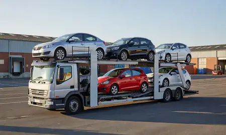 Car transporter loaded with vehicles in Swadlincote, Derbyshire, United Kingdom