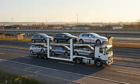 Car transporter with the Swadlincote, Derbyshire, United Kingdom skyline behind it