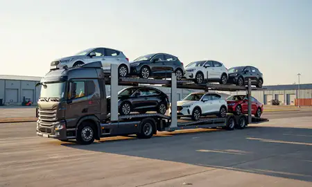 Car transporter loaded with vehicles in Devon, United Kingdom