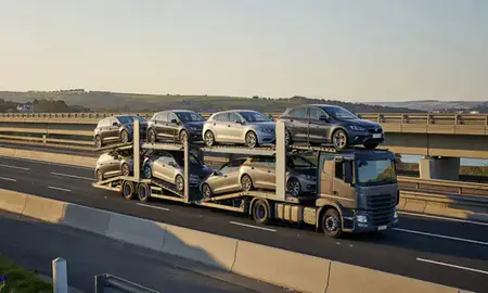 Car transporter with the Devon, United Kingdom skyline behind it